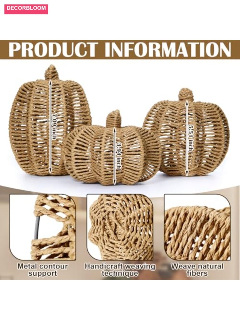 3 Pcs Handmade Woven Rattan Pumpkin Decorations Fall Thanksgiving Centerpiece - Picture 2 of 6